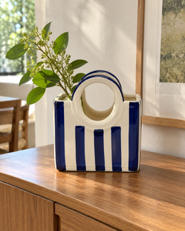 Blue Striped Ceramic Basket Vase, styled in a home setting