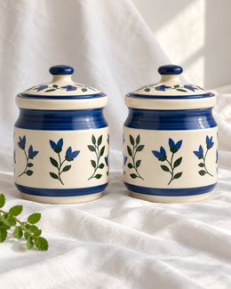Blue Leaf and Flower Ceramic Pickle Jar - 1200 ml — styling display; sold individually