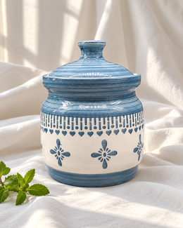 Grey Floral Border Ceramic Pickle Jar - 1000 ml, displayed on fabric