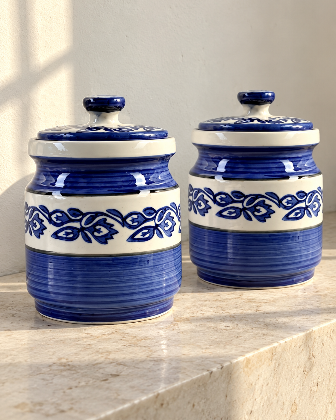 Blue Floral Ceramic Pickle Jar - 1200 ml — styling display; sold individually