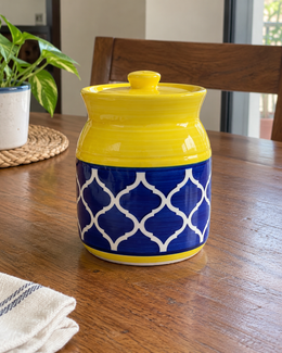 Yellow and Blue Geometric Ceramic Pickle Jar - 500 ml, styled in a home setting