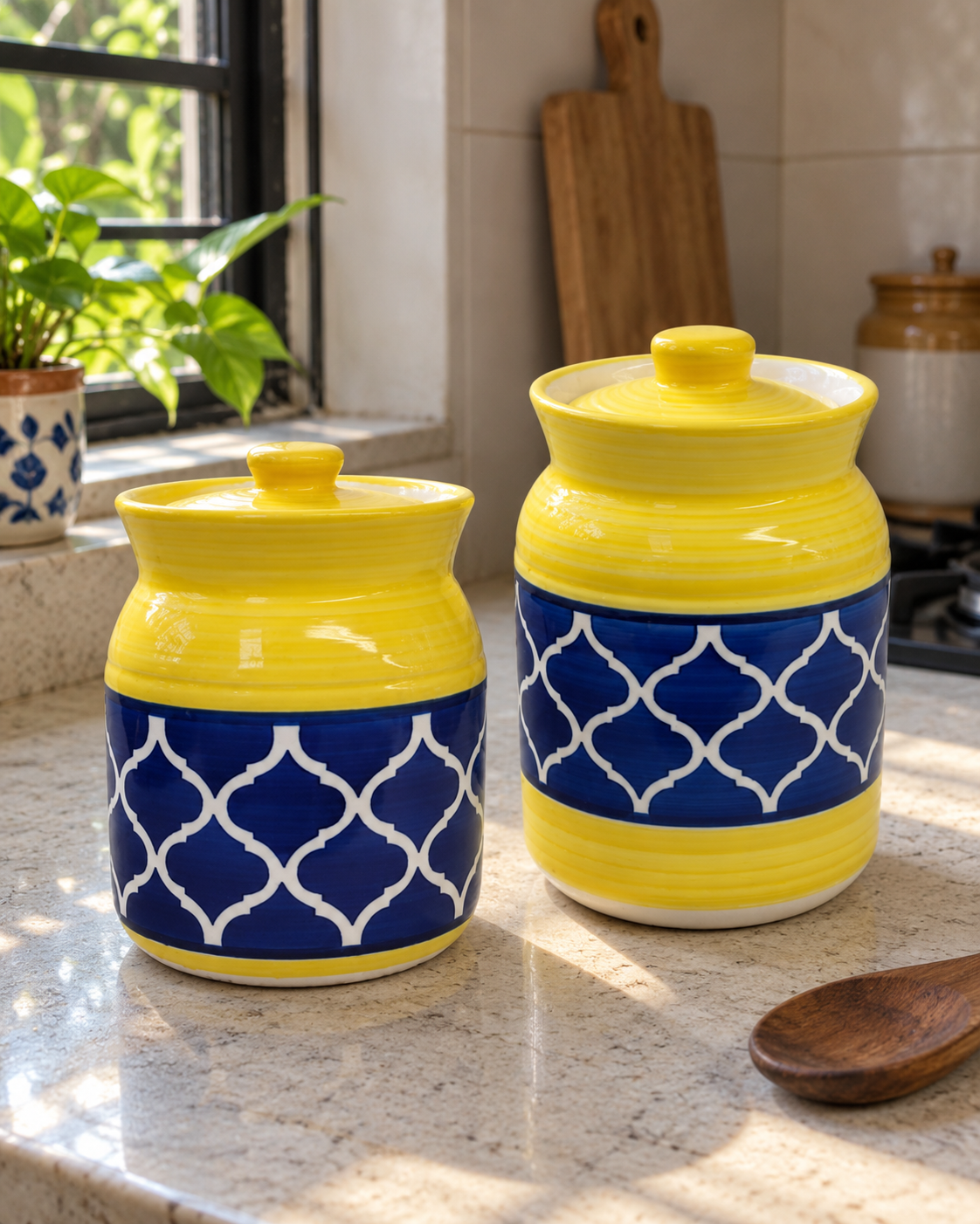 Yellow and Blue Geometric Ceramic Pickle Jar - 500 ml — styling display; sold individually