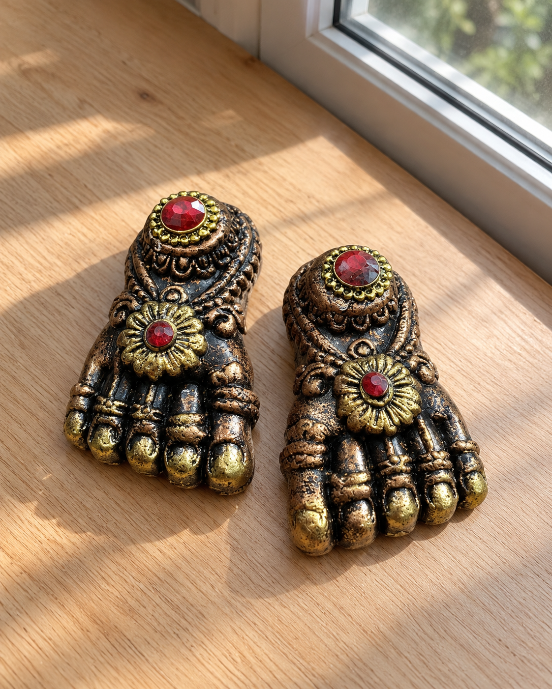 Antique Gold Lakshmi Charan - Pair, photographed in natural sunlight
