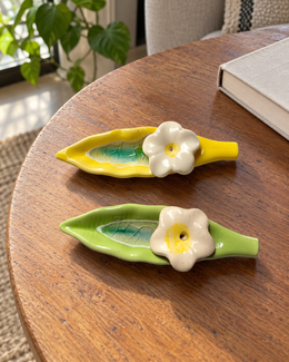 Leaf and Flower Ceramic Incense Holders - Yellow and Green, Set of 2, styled in a home setting