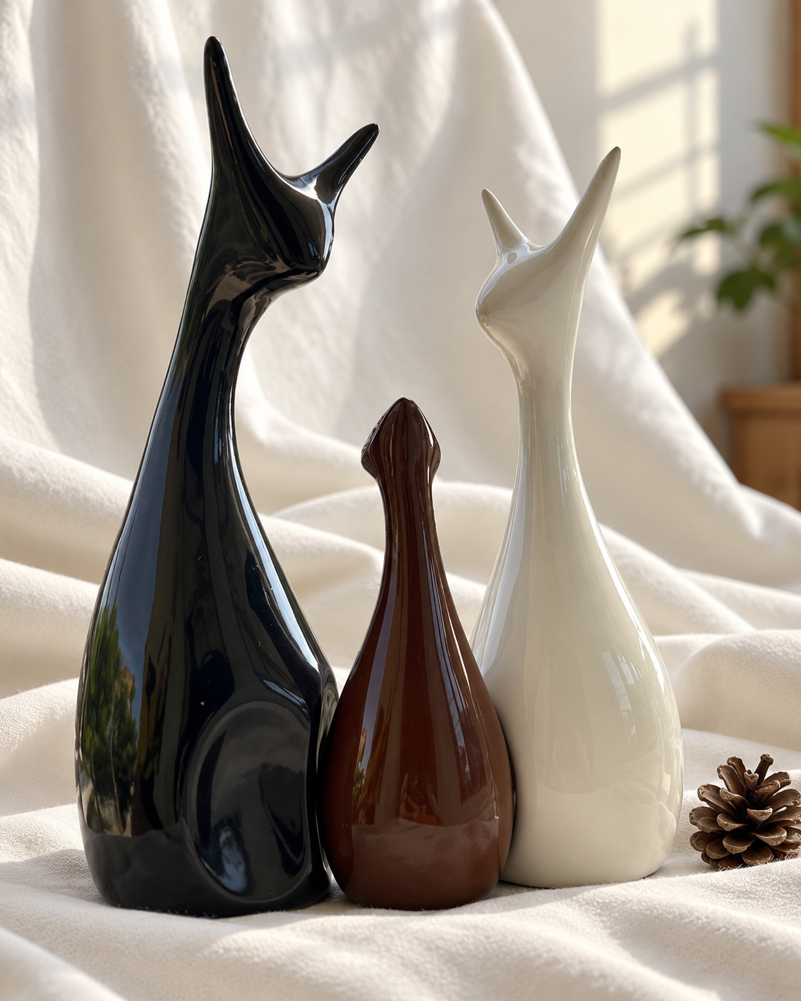 Monochrome Deer Family Ceramic Figurines - Set of 3, displayed on fabric