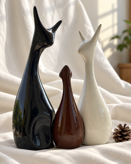 Monochrome Deer Family Ceramic Figurines - Set of 3, displayed on fabric