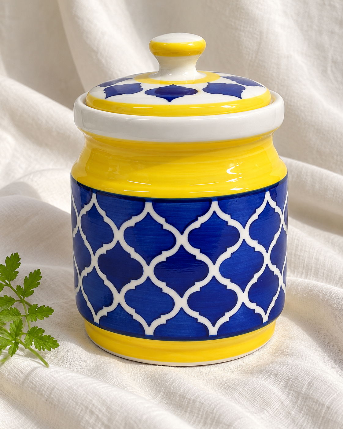Yellow and Blue Geometric Ceramic Pickle Jar - 1200 ml, displayed on fabric