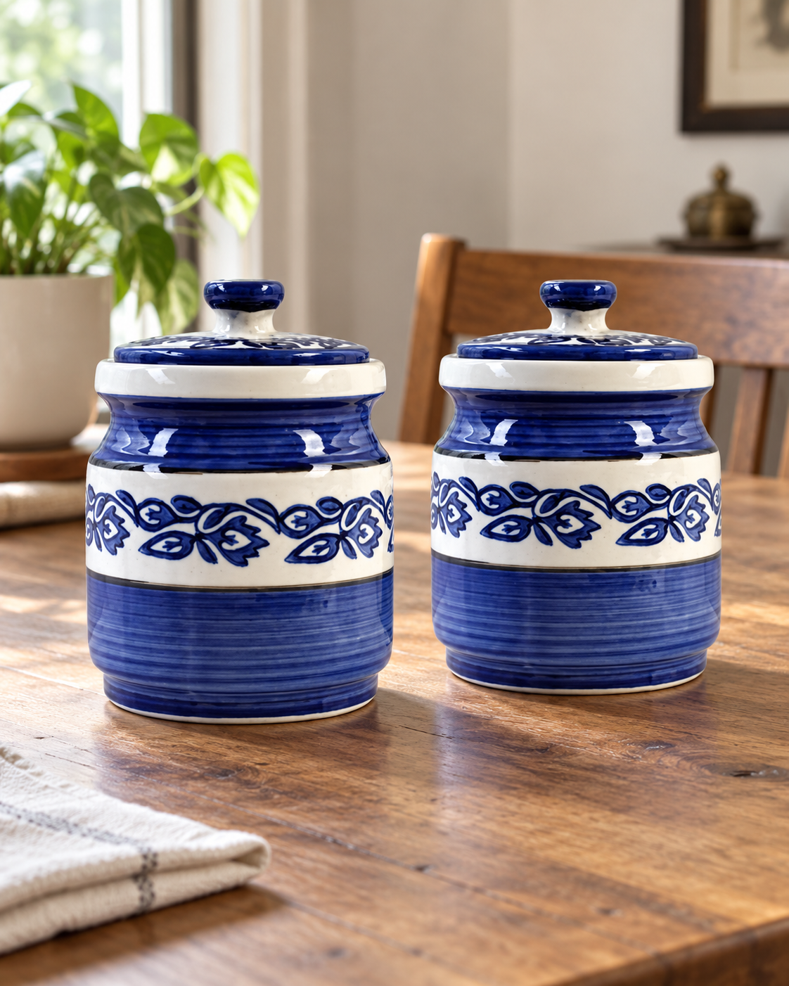 Blue Floral Ceramic Pickle Jar - 1200 ml — styling display; sold individually