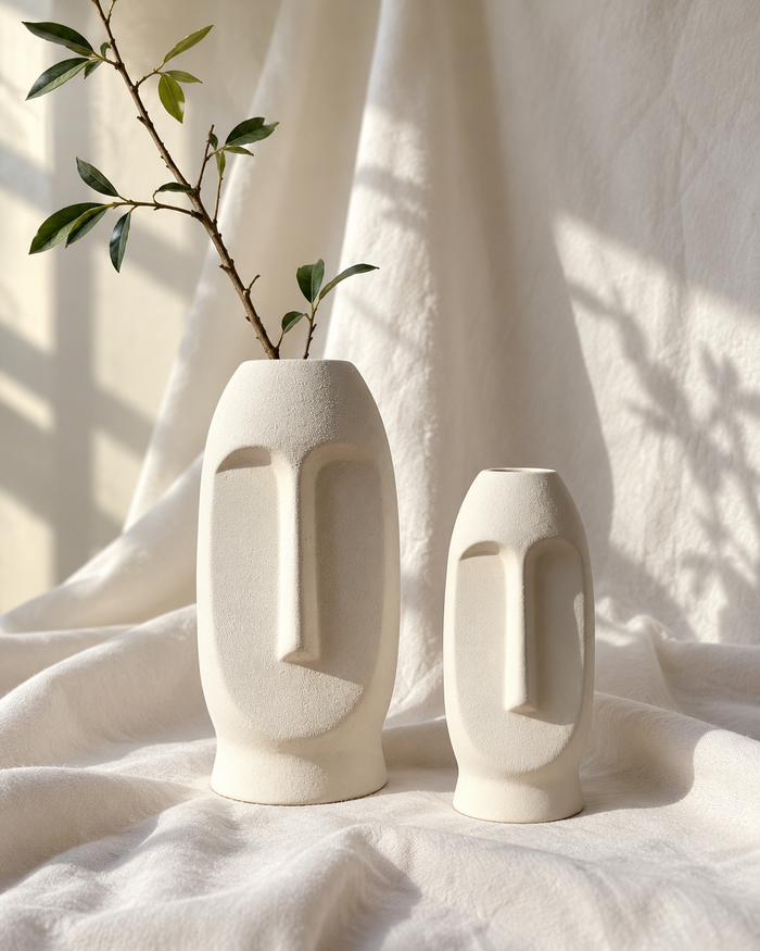 White Sculptural Face Ceramic Vase - Small