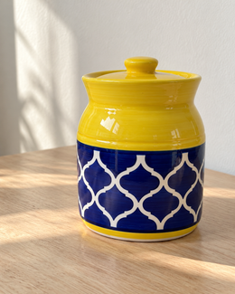 Yellow and Blue Geometric Ceramic Pickle Jar - 500 ml, photographed in natural sunlight