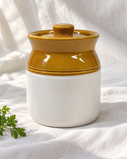 Classic Brown and White Ceramic Pickle Jar - 500 ml, displayed on fabric