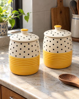 Yellow Polka Dot Ceramic Storage Jar — styling display; sold individually