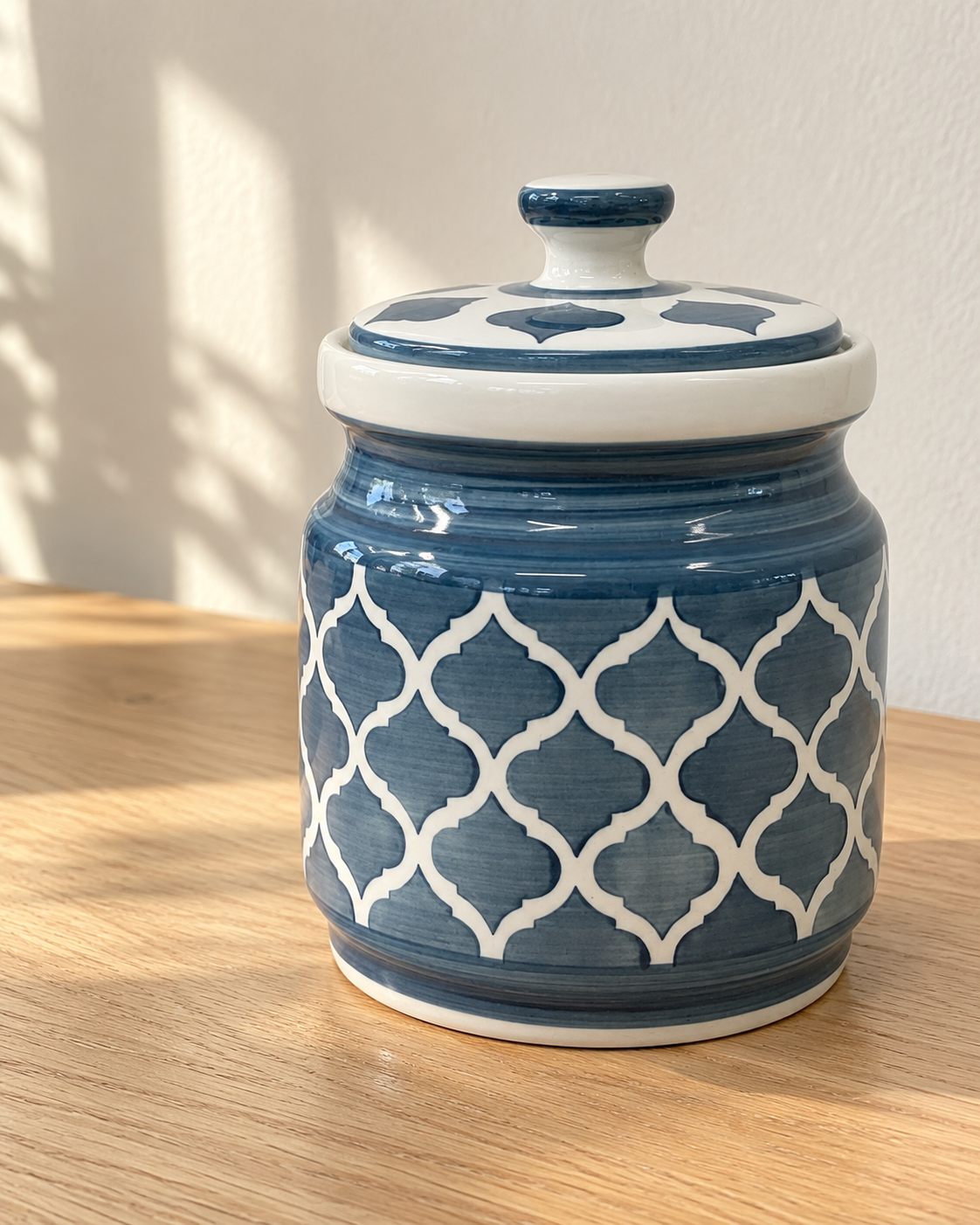 Grey Geometric Ceramic Pickle Jar - 1200 ml, photographed in natural sunlight