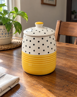 Yellow Polka Dot Ceramic Storage Jar, styled in a home setting