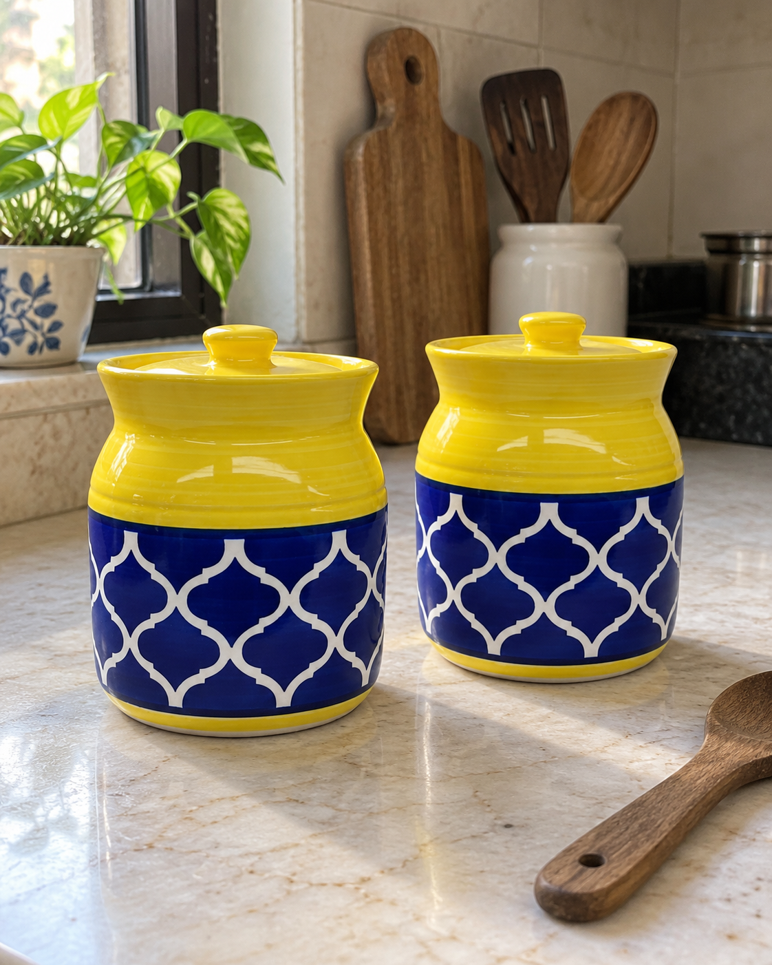 Yellow and Blue Geometric Ceramic Pickle Jar - 500 ml — styling display; sold individually