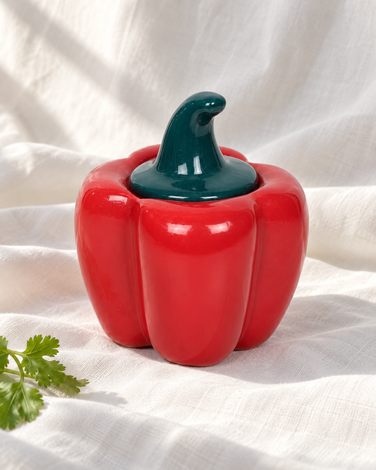 Red Capsicum Ceramic Pickle Jar - 500 ml, displayed on fabric