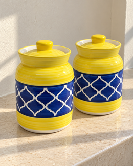 Yellow and Blue Geometric Ceramic Pickle Jar - 1000 ml — styling display; sold individually