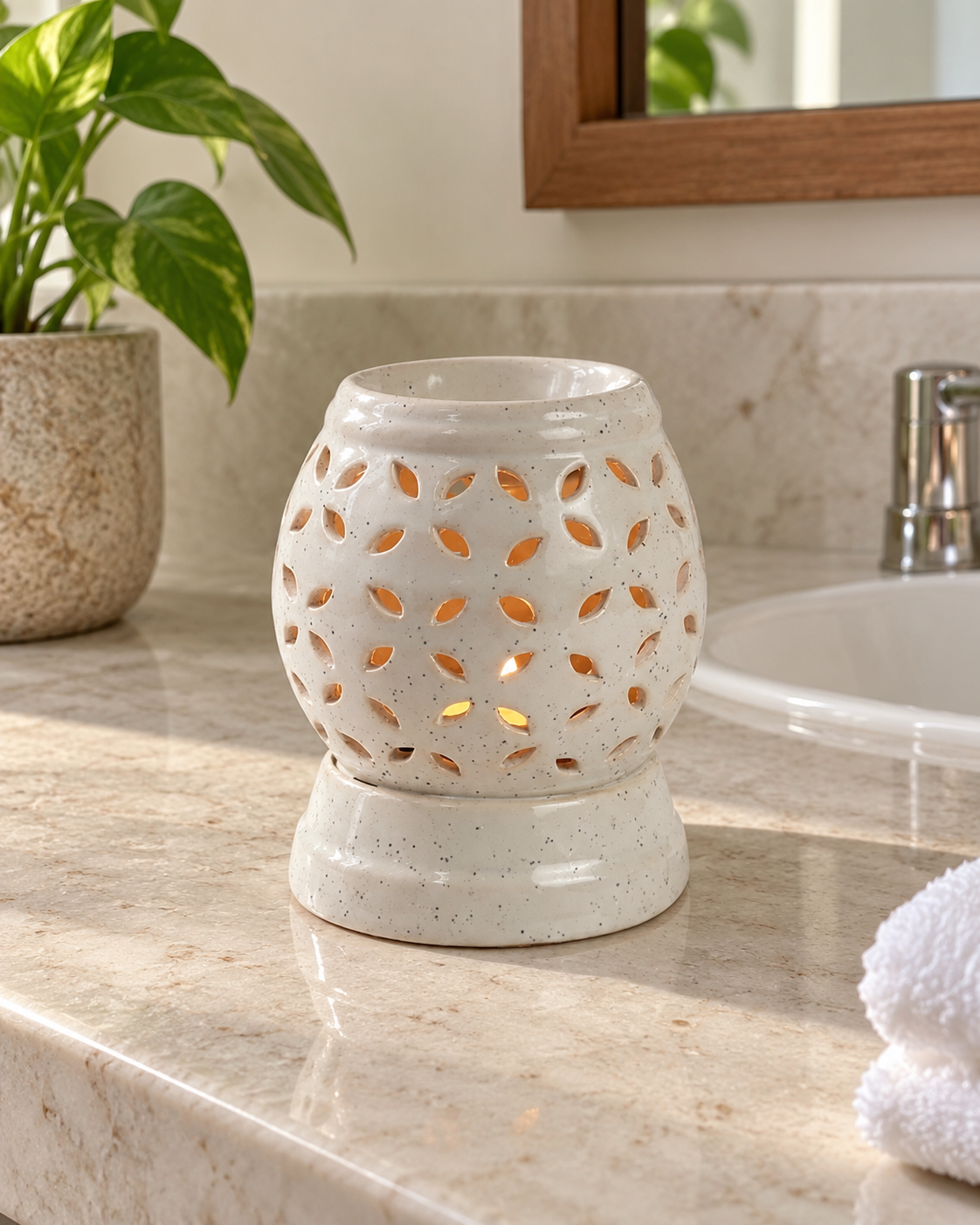 Round Cutwork Electric Ceramic Aroma Diffuser, styled in a home setting