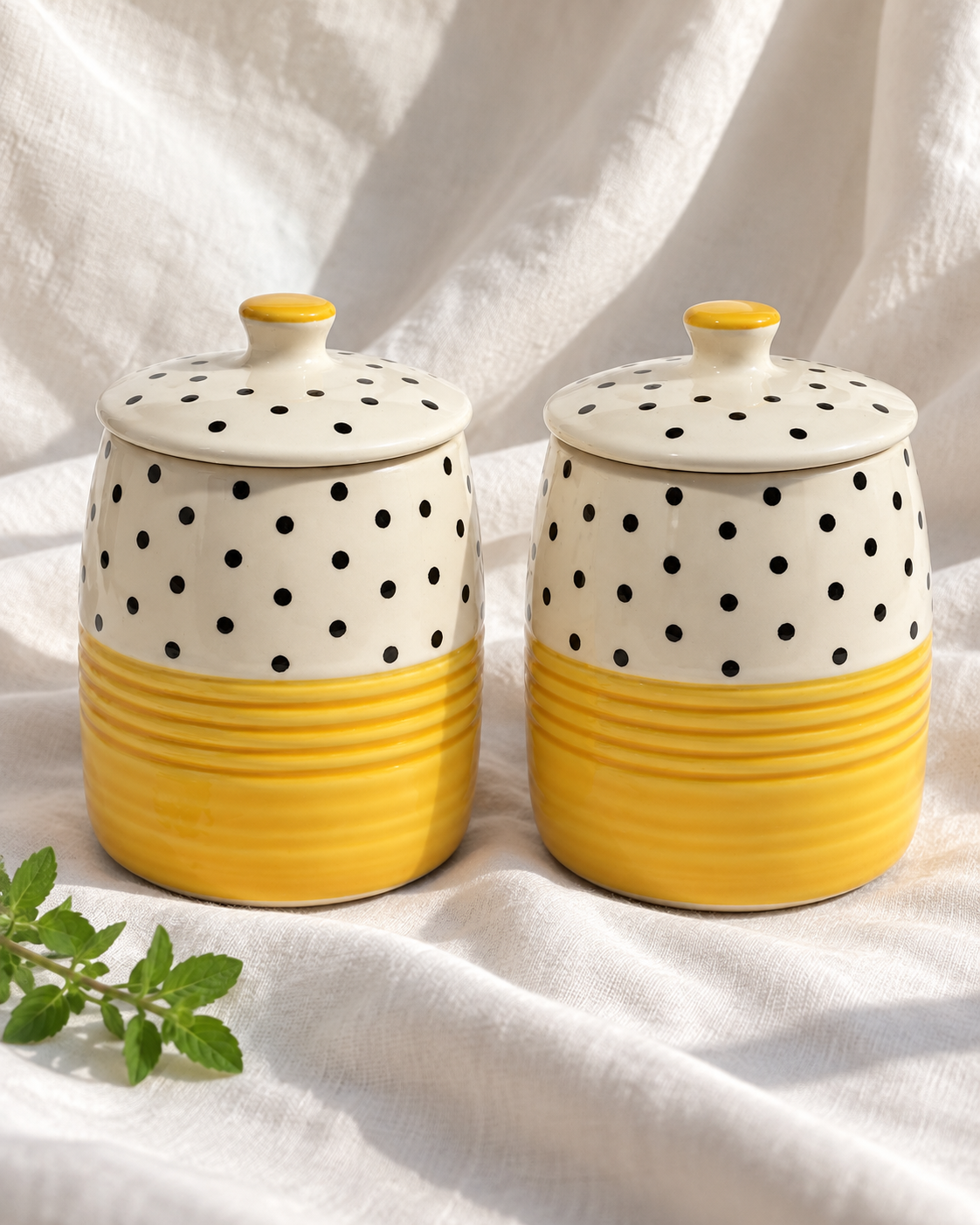 Yellow Polka Dot Ceramic Storage Jar — styling display; sold individually