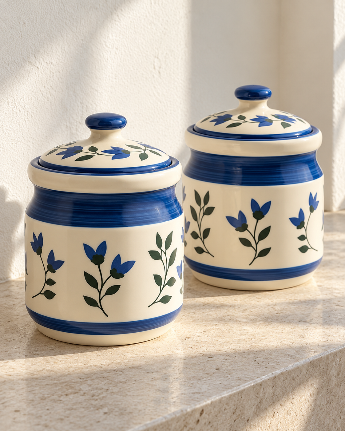 Blue Leaf and Flower Ceramic Pickle Jar - 1200 ml — styling display; sold individually