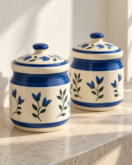 Blue Leaf and Flower Ceramic Pickle Jar - 1200 ml — styling display; sold individually