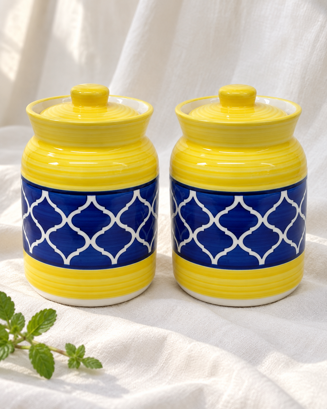 Yellow and Blue Geometric Ceramic Pickle Jar - 1000 ml — styling display; sold individually