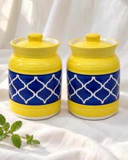 Yellow and Blue Geometric Ceramic Pickle Jar - 1000 ml — styling display; sold individually