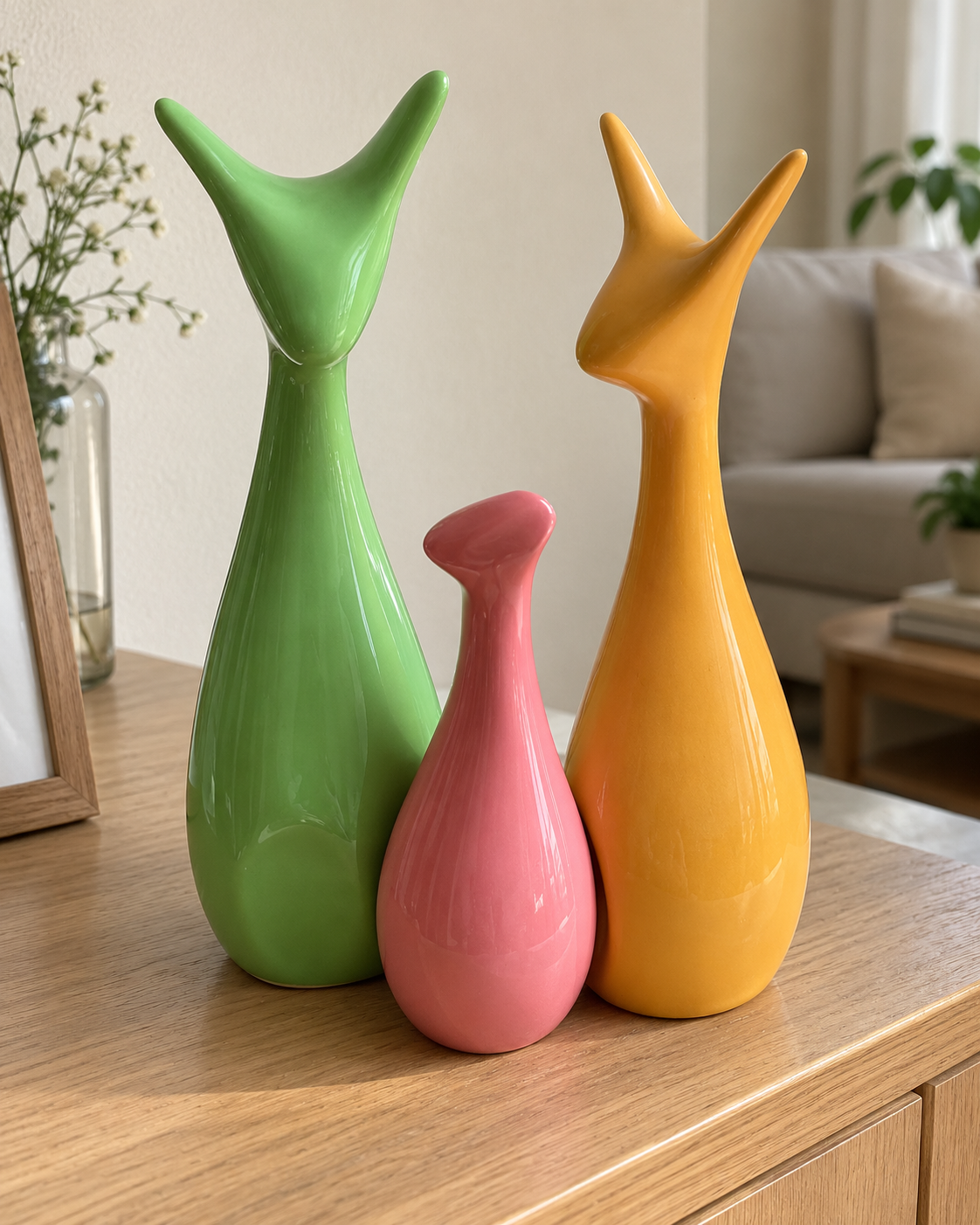 Pastel Deer Family Ceramic Figurines - Set of 3, styled in a home setting