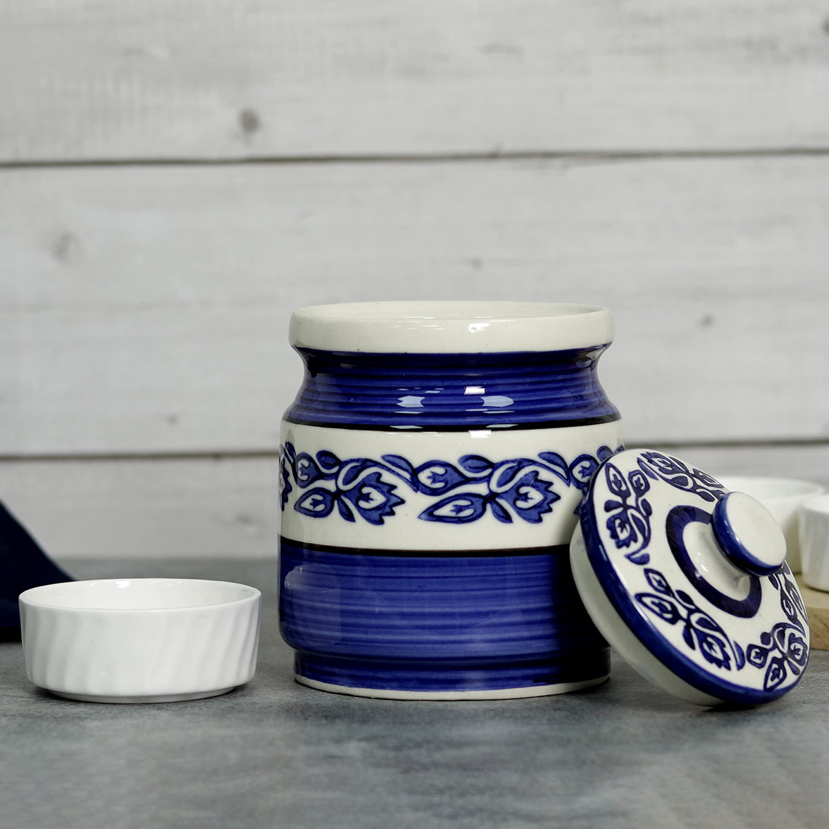 Blue Floral Ceramic Pickle Jar - 1200 ml - home lifestyle view