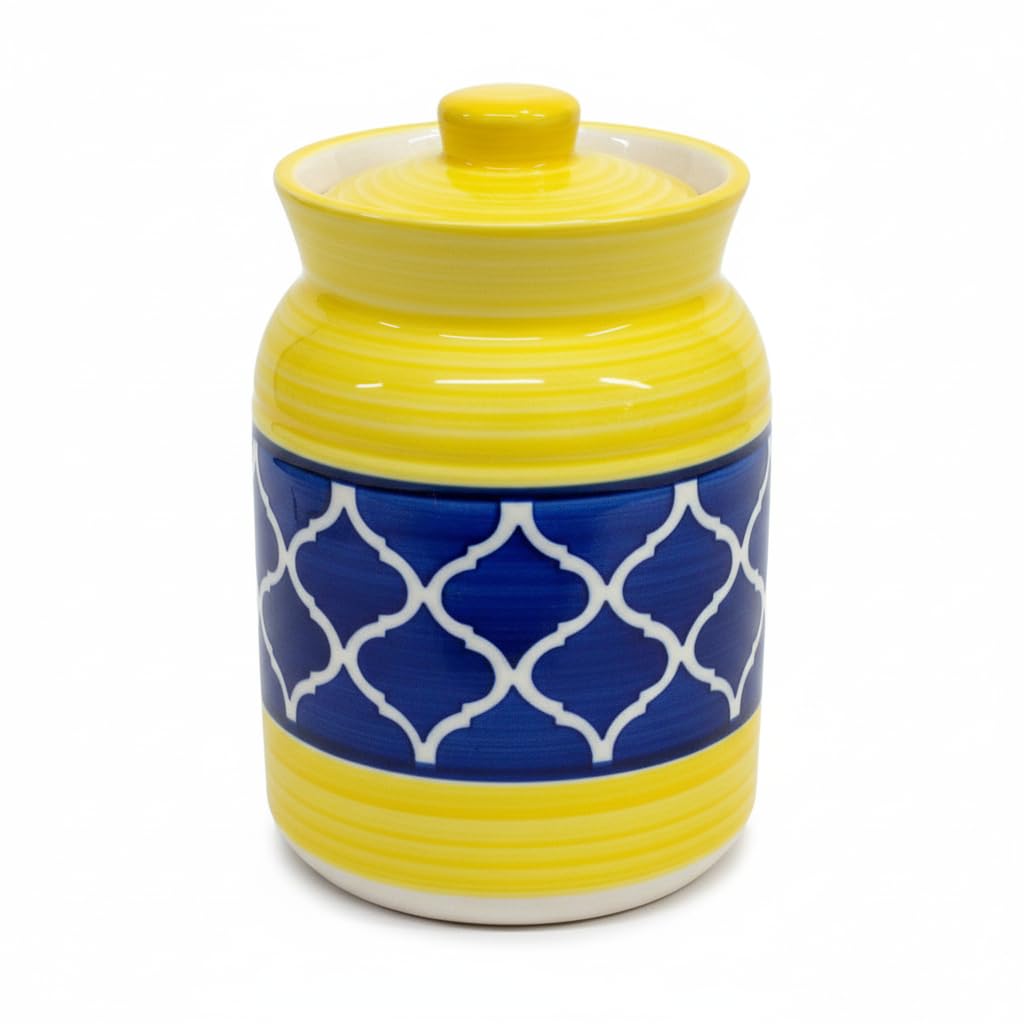 Yellow and Blue Geometric Ceramic Pickle Jar - 1000 ml - product view