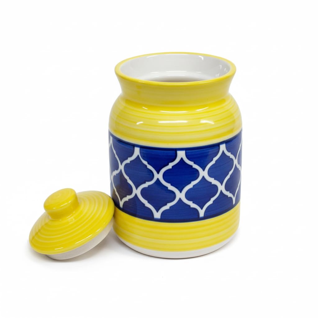 Yellow and Blue Geometric Ceramic Pickle Jar - 1000 ml - home lifestyle view