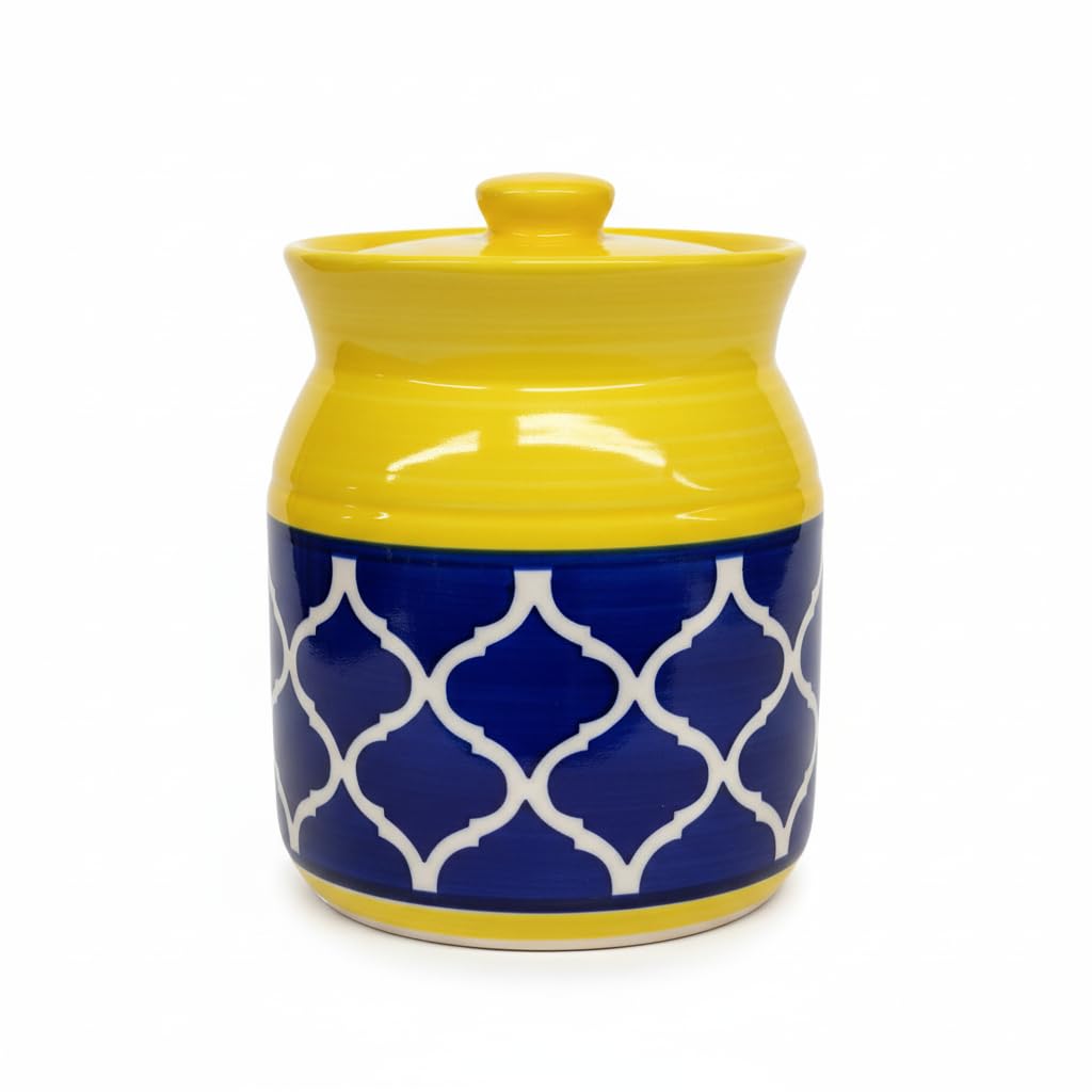 Yellow and Blue Geometric Ceramic Pickle Jar - 500 ml - product view