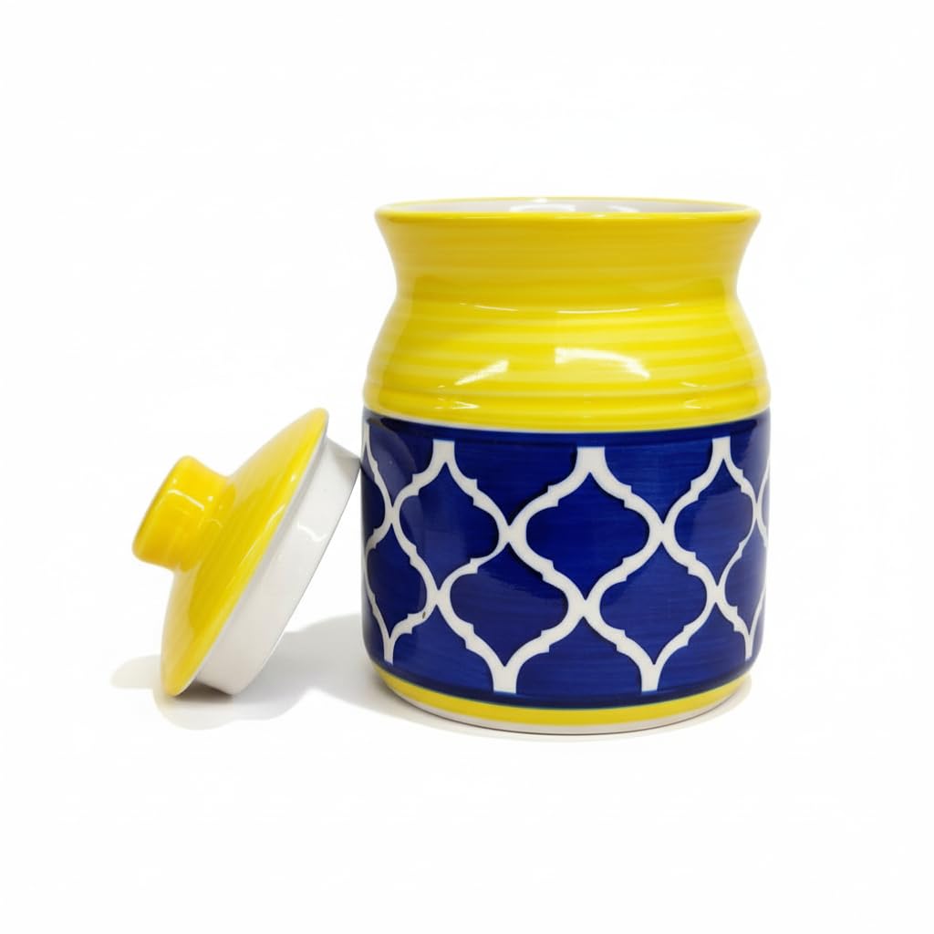 Yellow and Blue Geometric Ceramic Pickle Jar - 500 ml - home lifestyle view