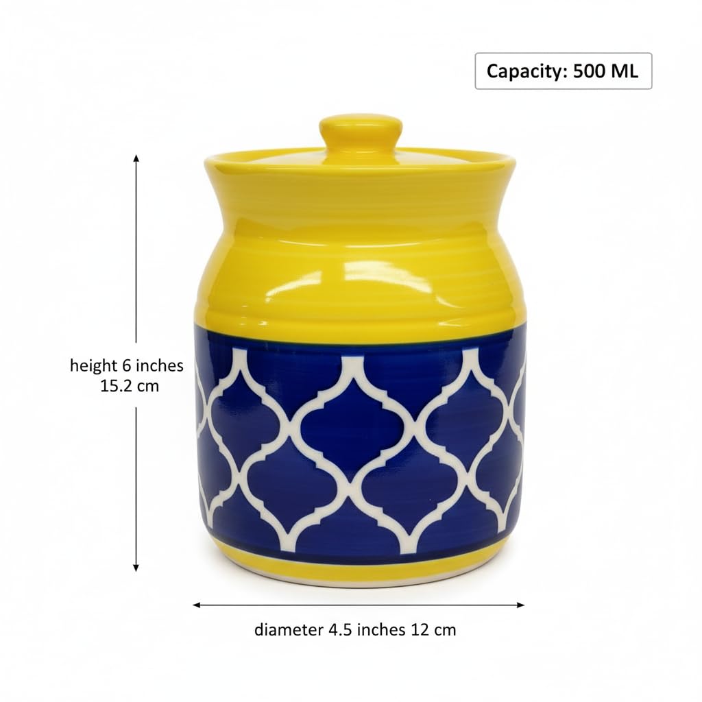 Yellow and Blue Geometric Ceramic Pickle Jar - 500 ml - additional product view
