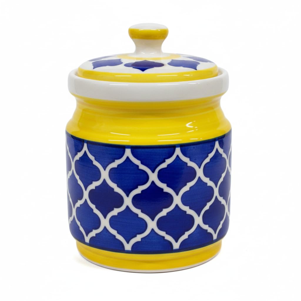 Yellow and Blue Geometric Ceramic Pickle Jar - 1200 ml - product view