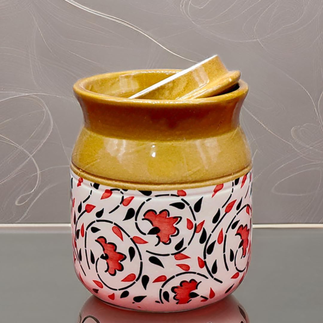 Hand-Painted Floral Ceramic Pickle Jar - 500 ml - product view