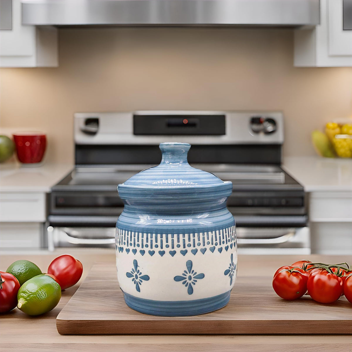 Grey Floral Border Ceramic Pickle Jar - 1000 ml - product view