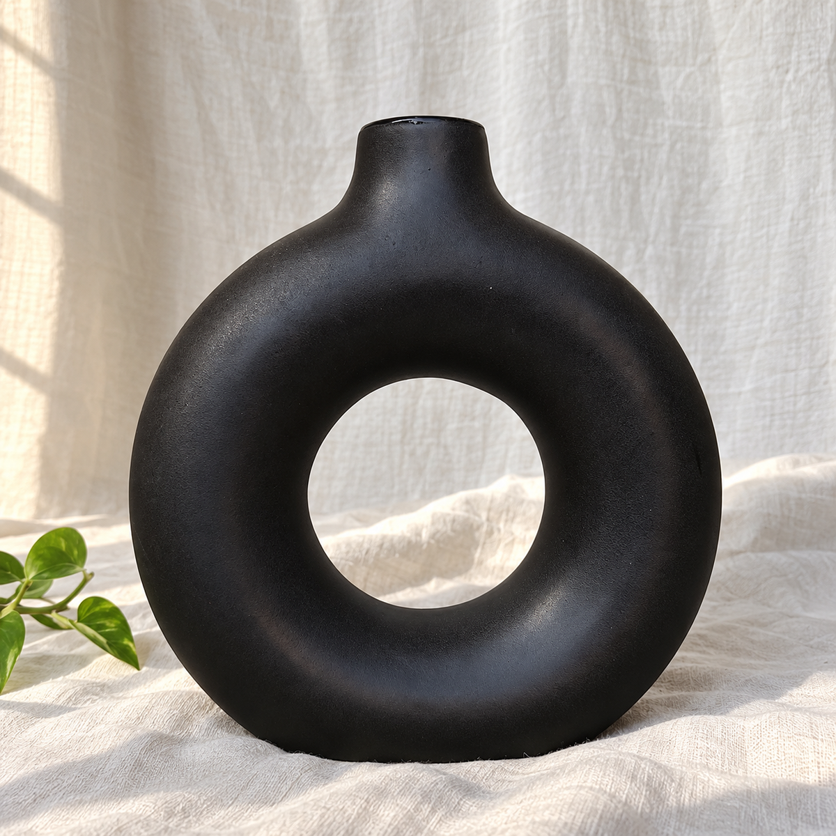 Matte Black Donut Ceramic Vase - product view