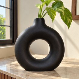 Matte Black Donut Ceramic Vase - home lifestyle view