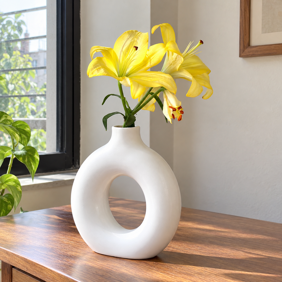 Matte White Donut Ceramic Vase - home lifestyle view