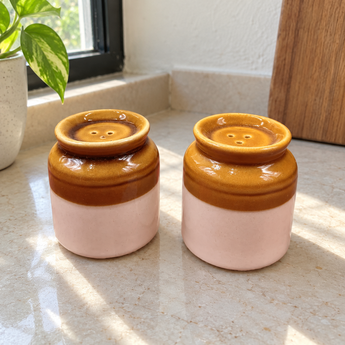 Classic Brown and White Salt and Pepper Shakers - Set of 2 - home lifestyle view