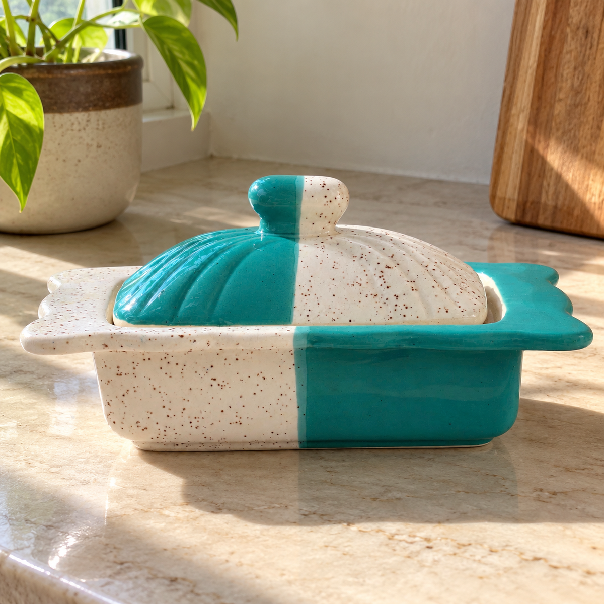 Two-Tone Ceramic Butter Dish with Lid - home lifestyle view