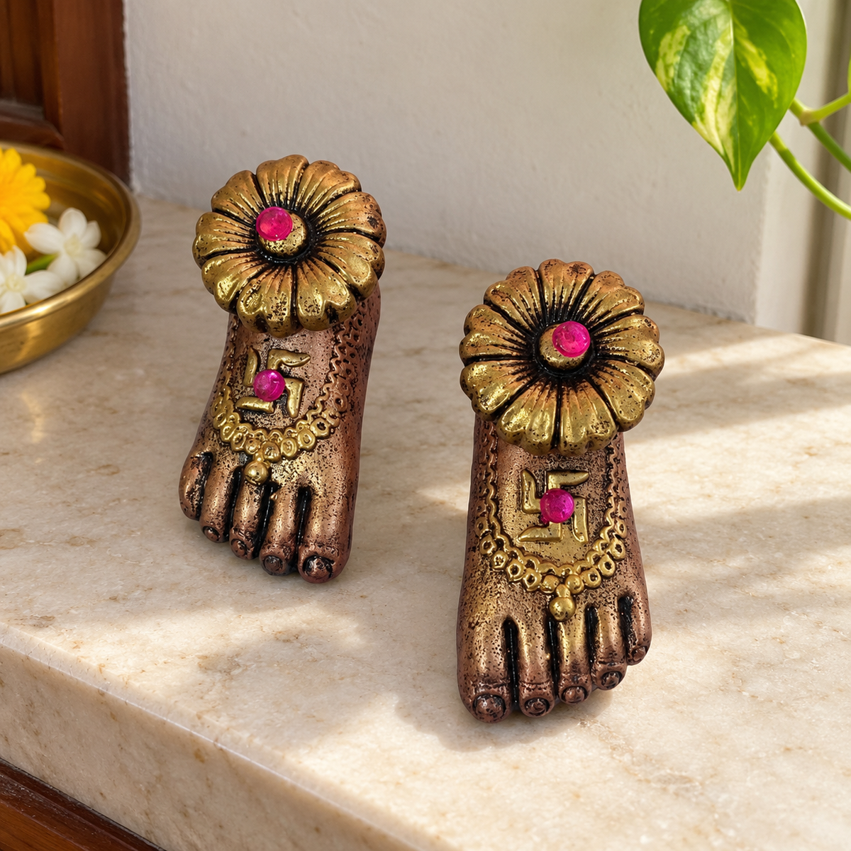 Floral Lakshmi Charan - Antique Gold Pair - home lifestyle view