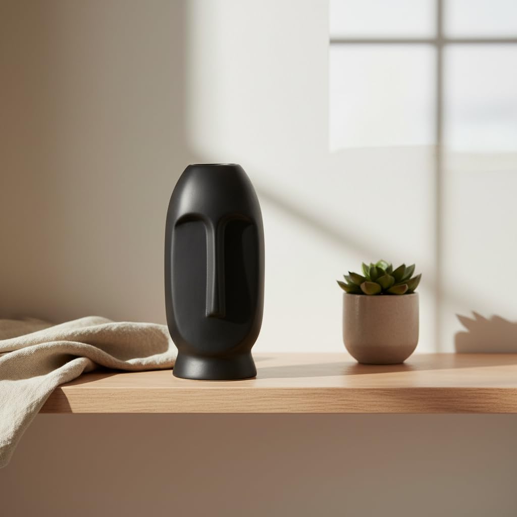 Black Sculptural Face Ceramic Vase - Small - product view