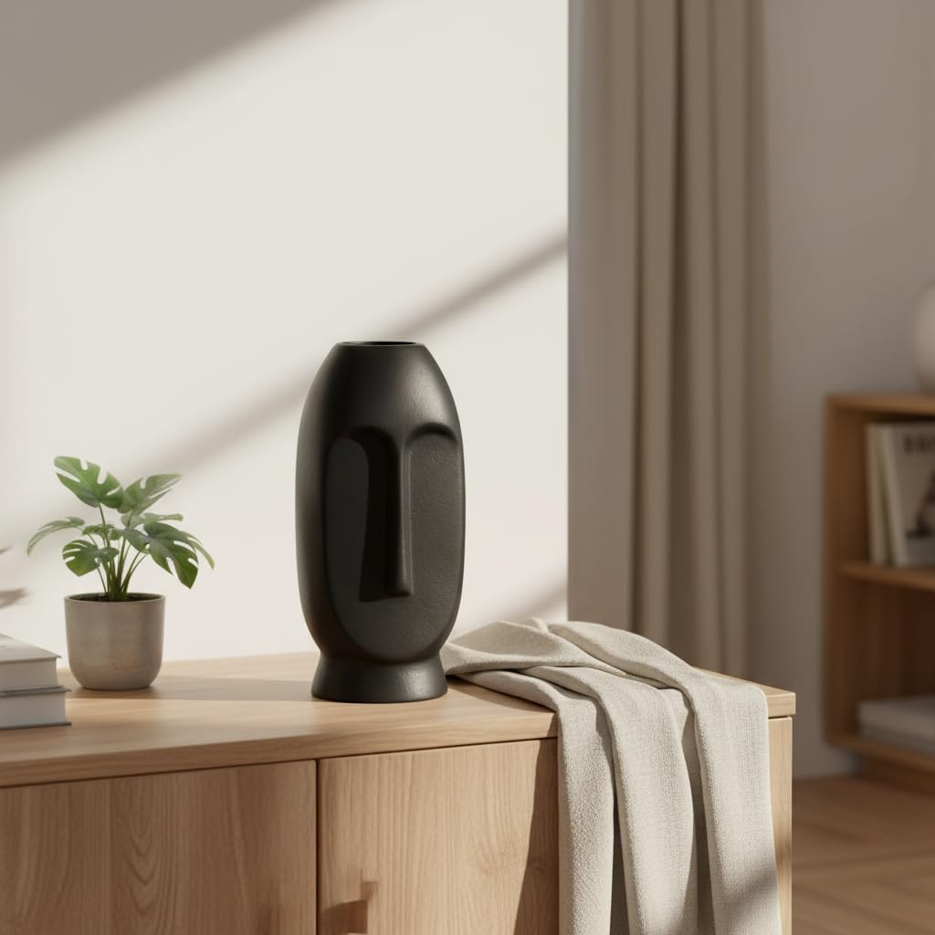 Black Sculptural Face Ceramic Vase - Small - home lifestyle view