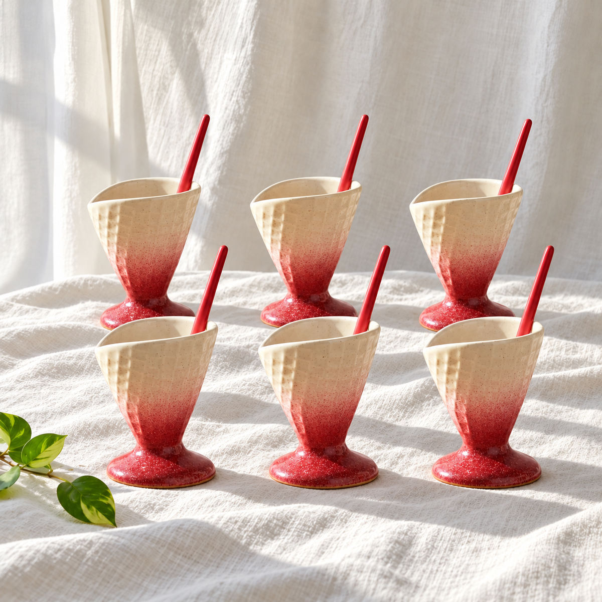 Red and Cream Ceramic Dessert Cups with Spoons - Set of 6 - product view