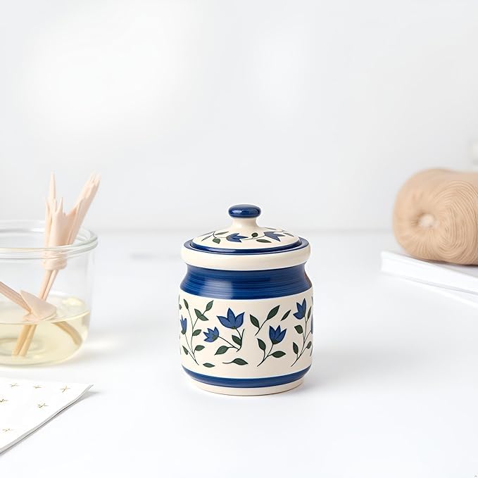 Blue Leaf and Flower Ceramic Pickle Jar - 1200 ml - product view