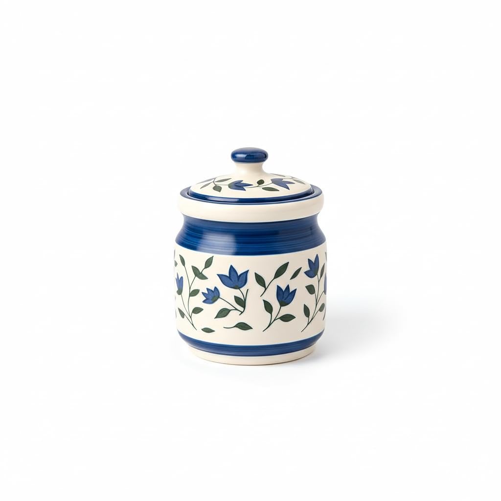 Blue Leaf and Flower Ceramic Pickle Jar - 1200 ml - home lifestyle view