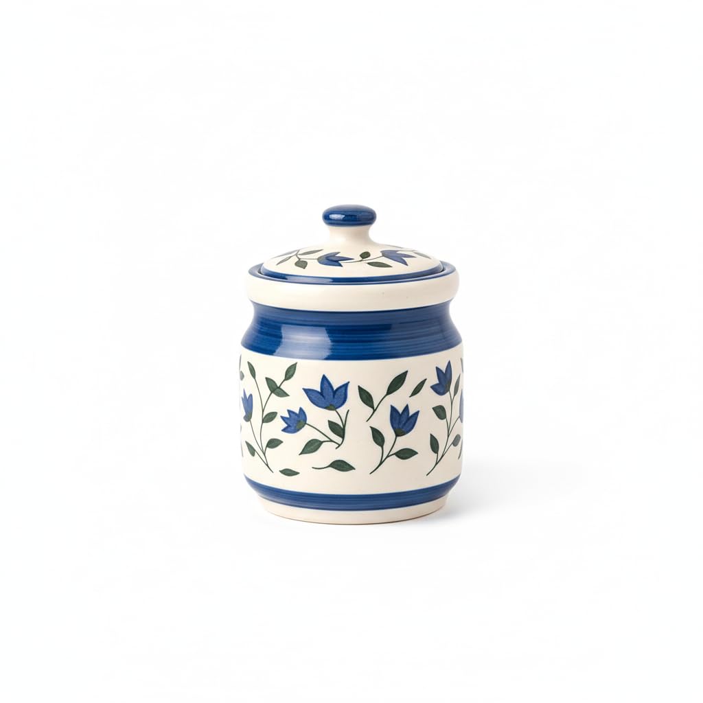 Blue Leaf and Flower Ceramic Pickle Jar - 1200 ml - additional product view