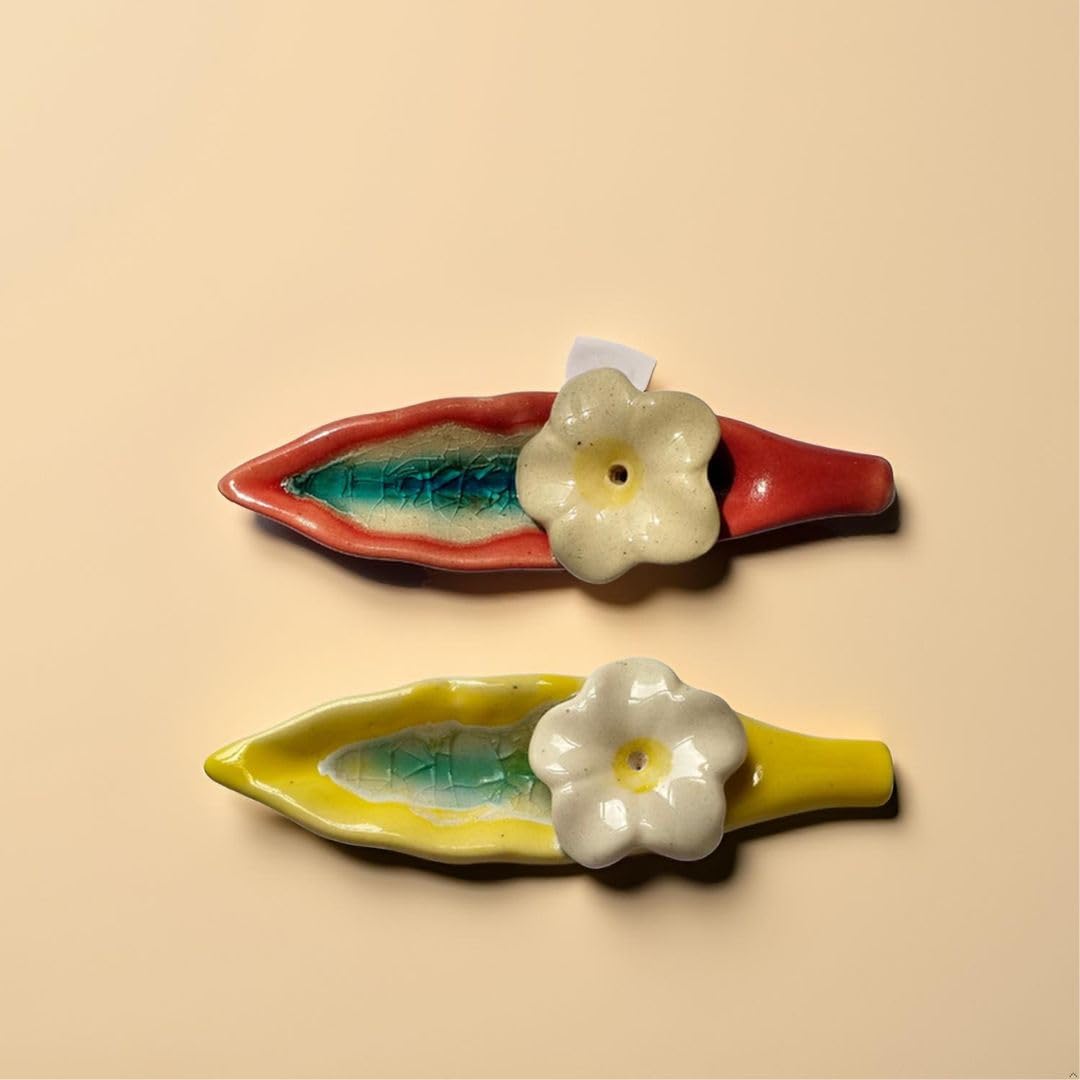 Leaf and Flower Ceramic Incense Holders - Red and Yellow, Set of 2 - product view